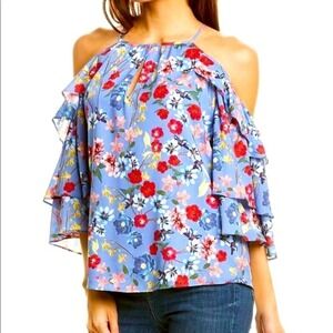 Parker Dahlias gorgeous floral blue top blouse Shoulder-baring floral print XS
C